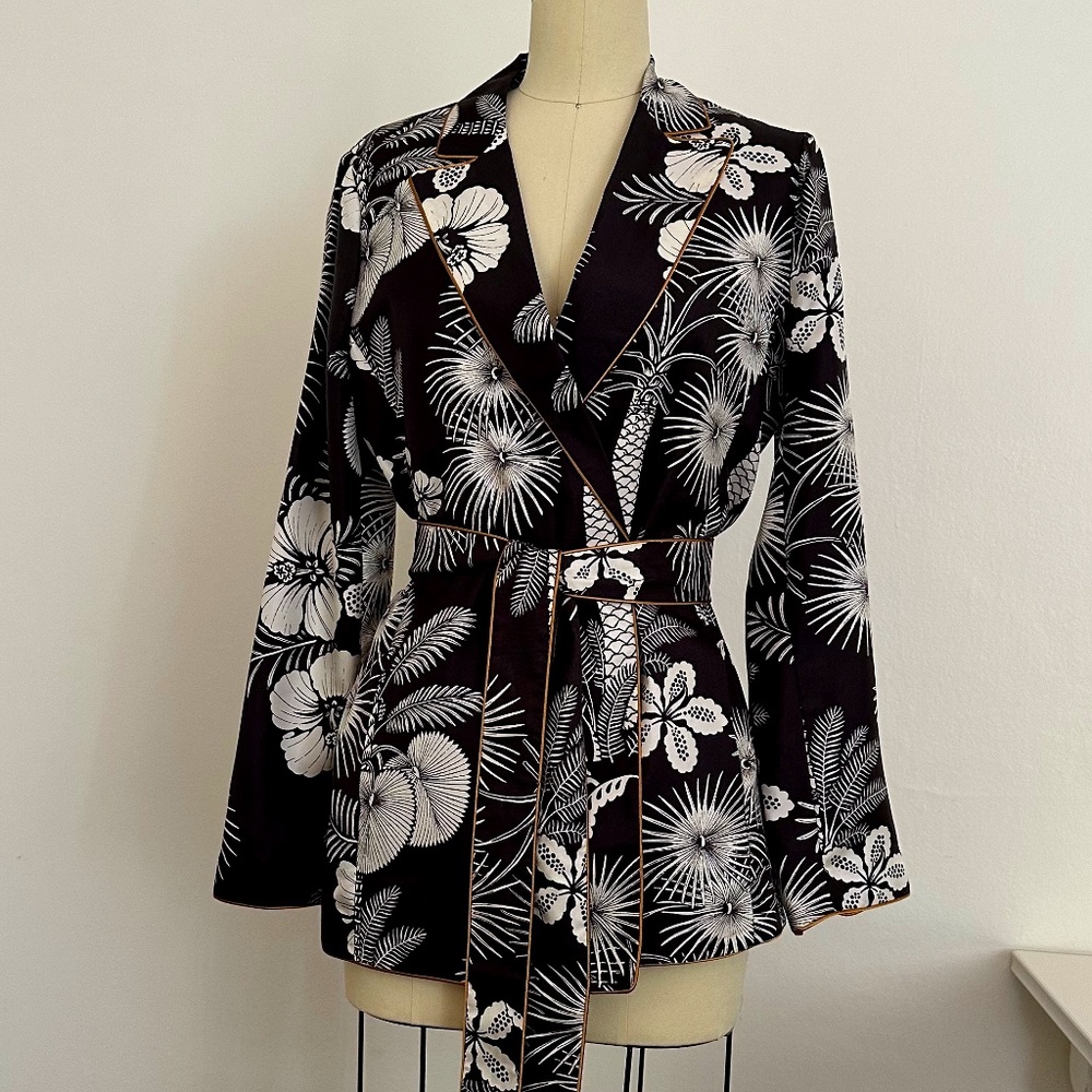 J. Crew Jacket Pants Tropical Floral Print Silk